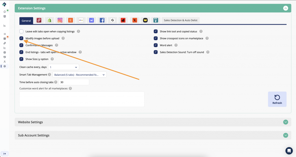 Screenshot of LP extension settings.